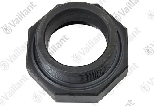 Flansch von Vaillant, schlichtes schwarzes Design mit einer innenseitigen Gewinde sowie einer sechseckigen Außenform, geeignet für Verbindungen in Heizungsanlagen.